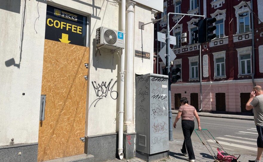 Bricks Coffee and Desserts has reopened 5 of its 18 cafes in Kharkiv. This one near downtown remains boarded up.