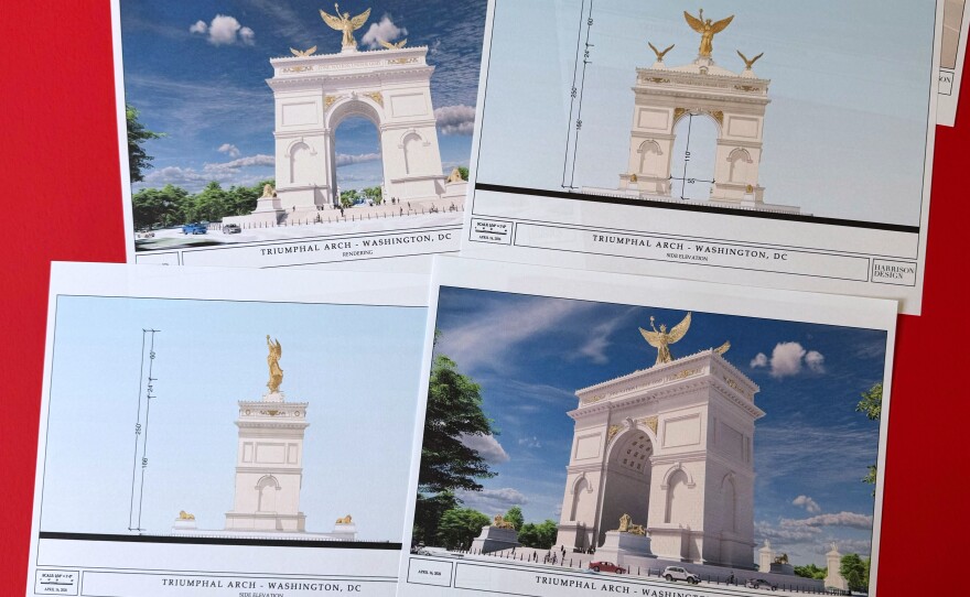 Artist renderings and diagrams for President Trump's proposed triumphal arch released by the U.S. Commission of Fine Arts on April 10, 2026.