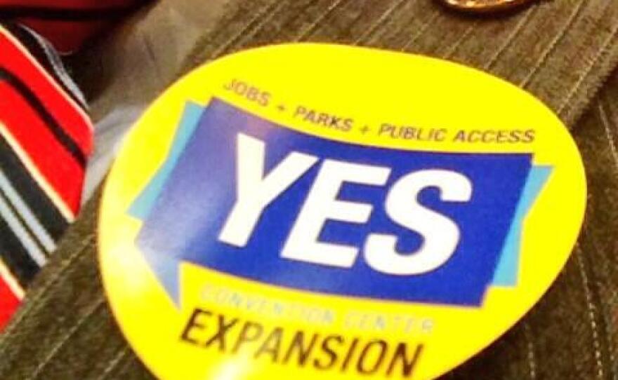 A sticker in support of the convention center expansion.