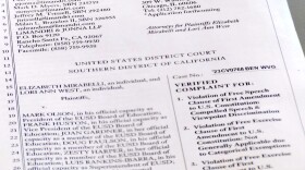 A photo of the lawsuit filed by two teachers against the Escondido Union School District's policy to refer to students by their preferred pronouns and not to disclose their gender identities to their parents without their permission, May 30, 2023.