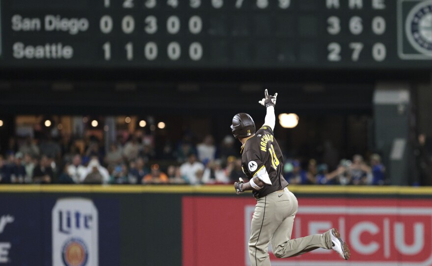 San Diego Padres' Manny Machado jogs the bases after hitting a two-run home run off Seattle Mariners starting pitcher George Kirby during the sixth inning of a baseball game, Tuesday, Sept. 10, 2024, in Seattle. 