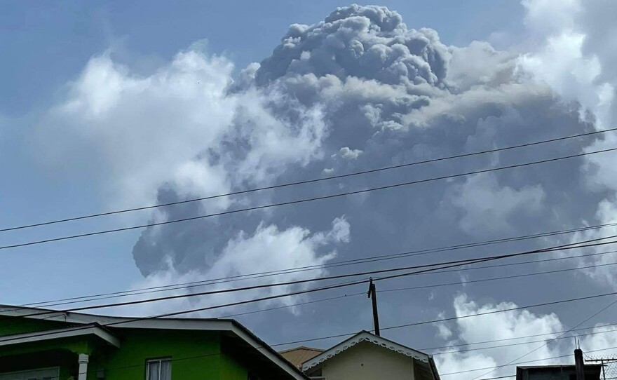 A photo of La Soufrière erupting Friday in St. Vincent. The blast could be sending ash as far as Jamaica and South America.