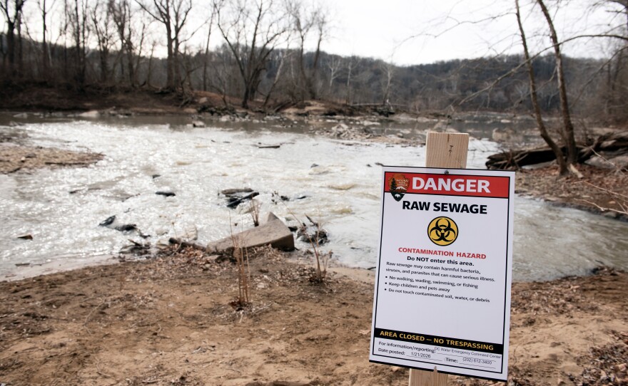 A warning sign was placed in January at the site of a massive pipe rupture, as sewage flowed into the Potomac River in Glen Echo, Md.