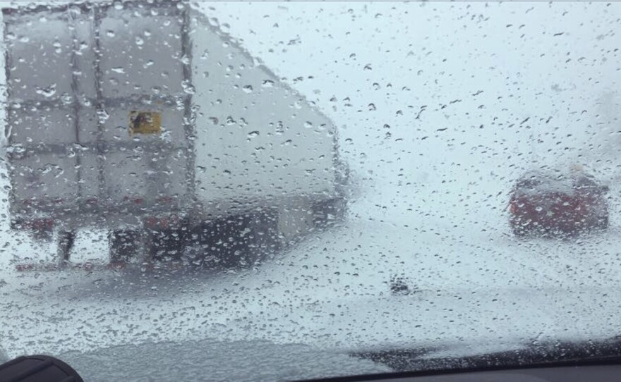 In this image from a dashboard camera provided by the California Highway Patrol is a closed section of Interstate 80 at Donner Summit on Thursday, near Truckee, Calif.
