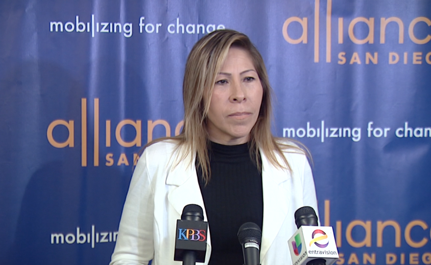 The widow of Anastasio Hernandez Rojas, Maria Puga, speaks at Alliance San Diego, May 17, 2017.