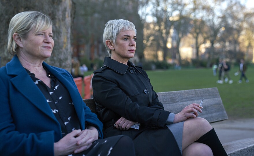 Eleanor James (Lisa Palfrey) and Anna Marshall (Victoria Hamilton) pause for a chat to discuss political maneuvers.