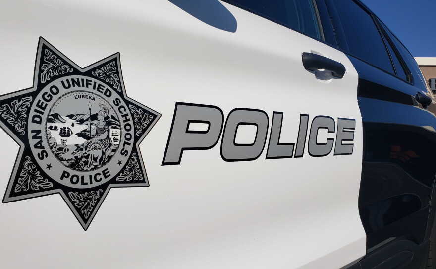 A San Diego Unified School District police car in San Diego County. Sept. 1, 2020.