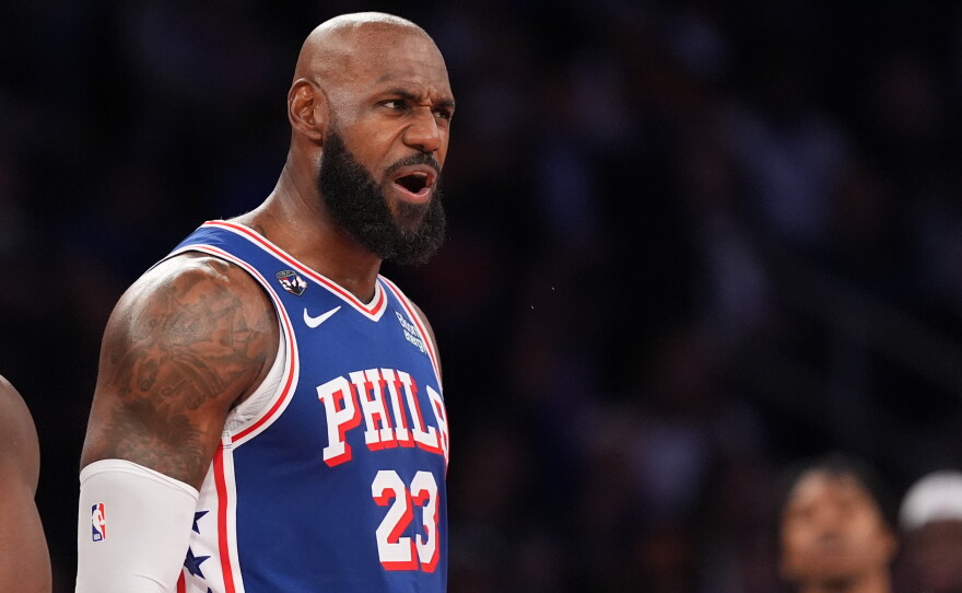 Philadelphia 76ers forward LeBron James yells during the second half of an NBA basketball game against the New York Knicks Tuesday, Oct. 20, 2026, in New York.