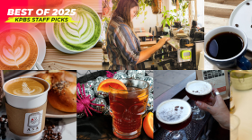 Some of the coffee and tea places that stood out to KPBS Staff in 2025 are shown. Top row, from left: Forum Coffee, Ultreya Coffee & Tea and Muri Coffee & Dessert. Bottom row, from left: ASA Bakery, Tea Bazaar, Genteel Coffee Roasters and Café Alessie.