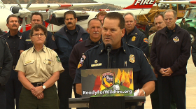 Cal Fire and San Diego County Fire Chief Tony Mecham talks about the heightened risk of wildfires during a news conference at the Cal Fire Air Attack Base in Ramona, May 7, 2015.