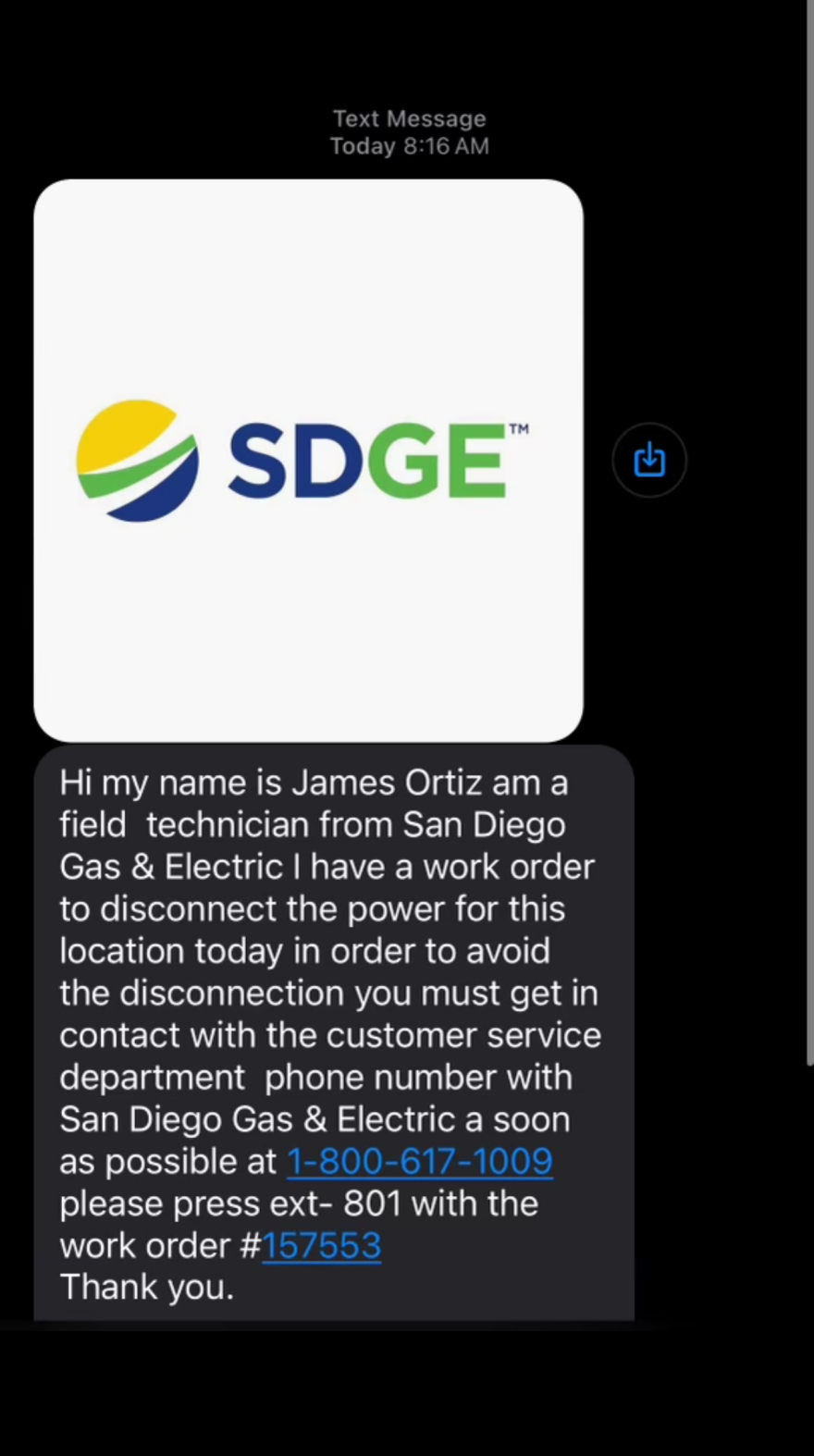 A screenshot of a scam text targeting San Diego Gas & Electric (SDGE) customers is shown in this undated photo.