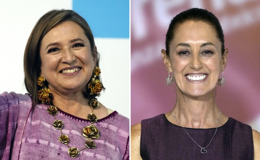 This combination of two file photos shows Xochitl Galvez, left, arriving to register her name as a presidential candidate on July 4, 2023, in Mexico City, and Claudia Sheinbaum, right, at an event that presented her as her party's presidential nominee on Sept. 6, 2023, in Mexico City. 