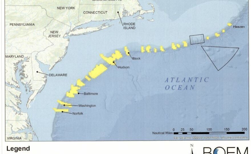 This map shows the Atlantic areas that have been designated off-limits to oil and gas explorations and development activity.