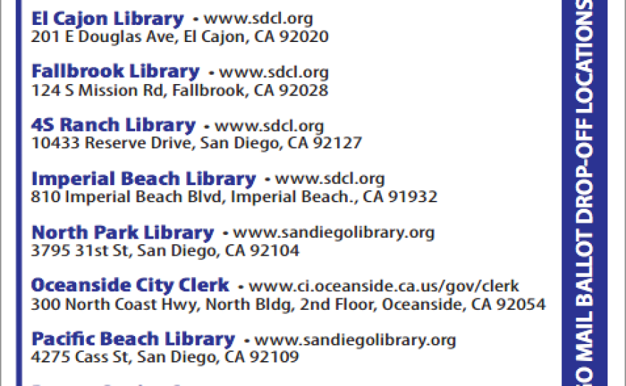 Locations around San Diego County where you can drop off your mail in ballot for the 2014 gubernatorial election. 