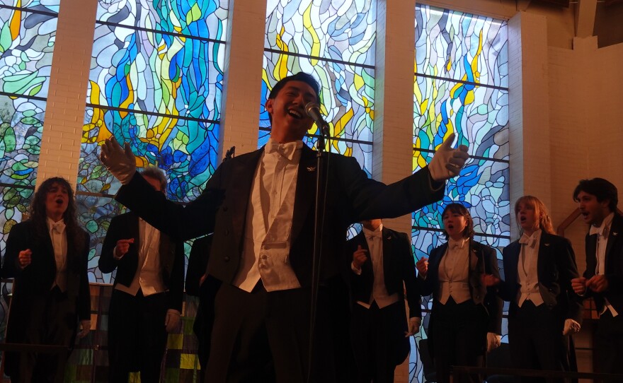 Jospeh Aguilar, center, solos with the Yale Whiffenpoofs at All Souls' Episcopal Church on Jan. 18, 2026.