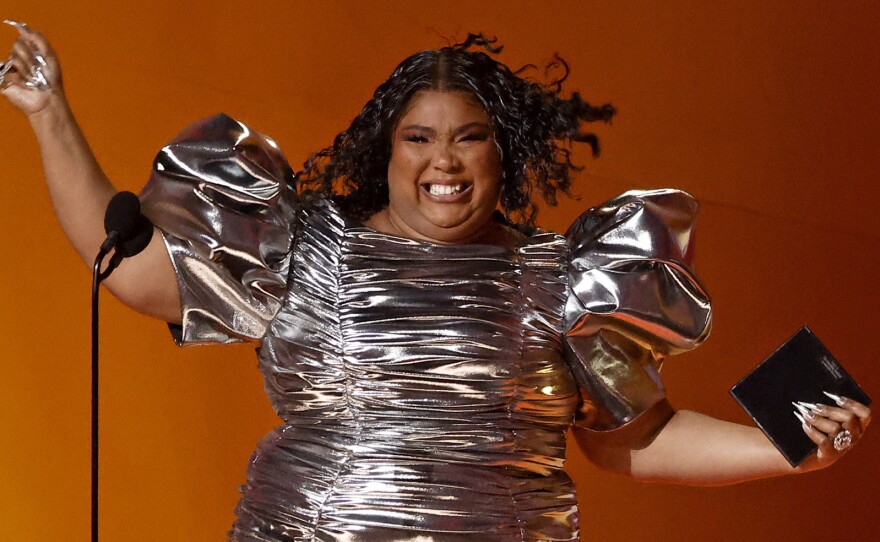 Lizzo celebrates her win of Record Of The Year for "About Damn Time" during the 65th Grammy Awards on Feb. 5, 2023 in LA.