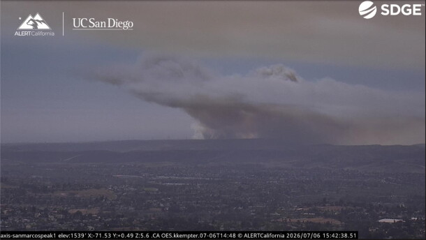 Smoke from the Pipeline Fire on Camp Pendleton rises into the sky on July 6, 2026.