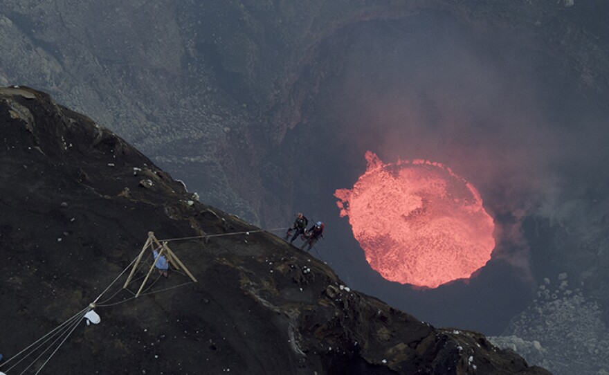 Chris Horsley and Dr. Jeffrey Marlow begin their descent down to the lava lake to collect samples looking for signs of life inside the crater of Marum, Vanuatu.