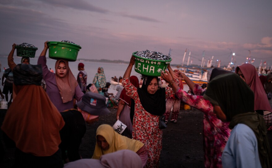 Fishmongers gather to sell the catch brought in at dawn by fishermen at the Tanjung Luar port on June 9, 2025, in East Lombok, Indonesia.