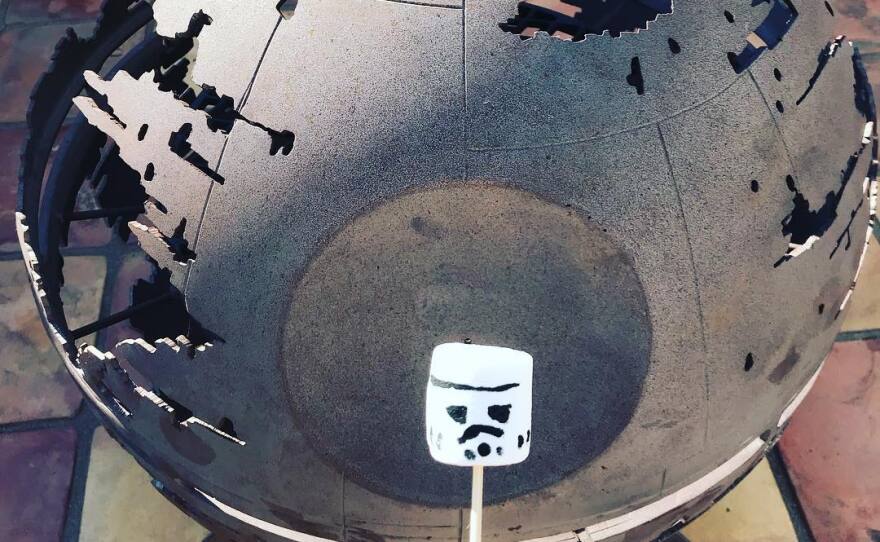 About to roast some stormtrooper marshmallows in the Death Star fire pit, also designed and made by Shane Blackbourn.