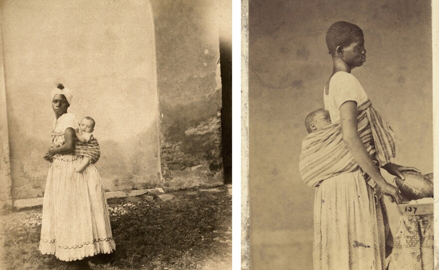 A black woman with white child on her back, Bahia, 1860 (left). An enslaved woman with a sleeping child on her back in an undated photo (right).