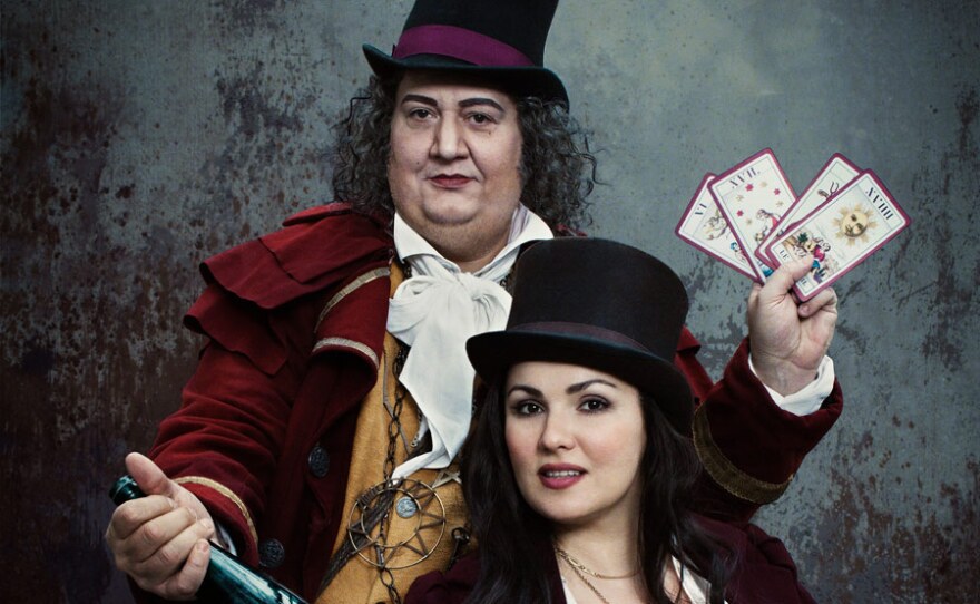 Ambrogio Maestri as Dr. Dulcamara and Anna Netrebko as Adina in Donizetti's "L'Elisir d'Amore."