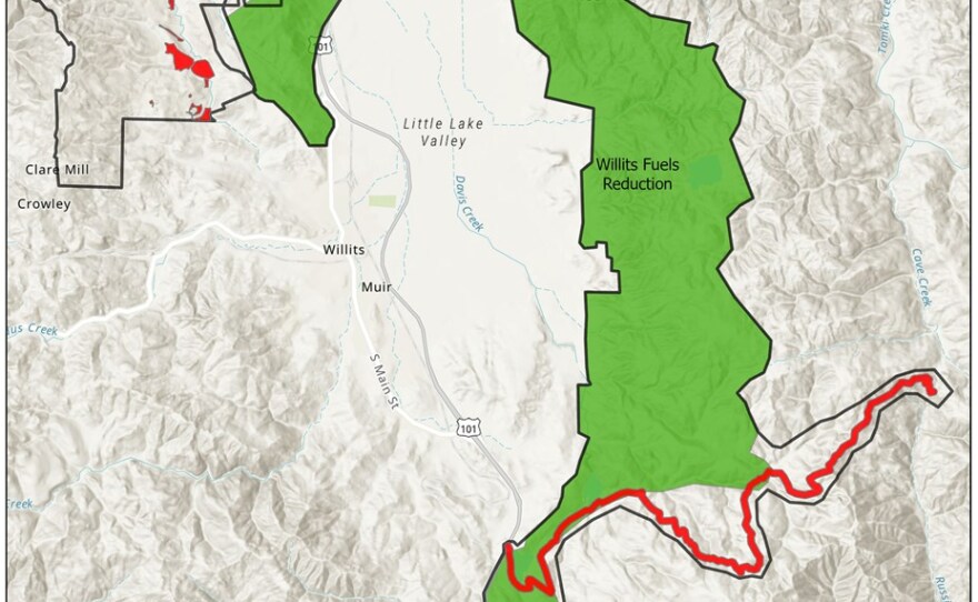 Officially, the Willits Fuel Reduction project covers 11,965 acres. The data obtained by CapRadio and NPR’s California Newsroom, on the other hand, showed just 262 acres of fuel breaks and no prescribed burns.
