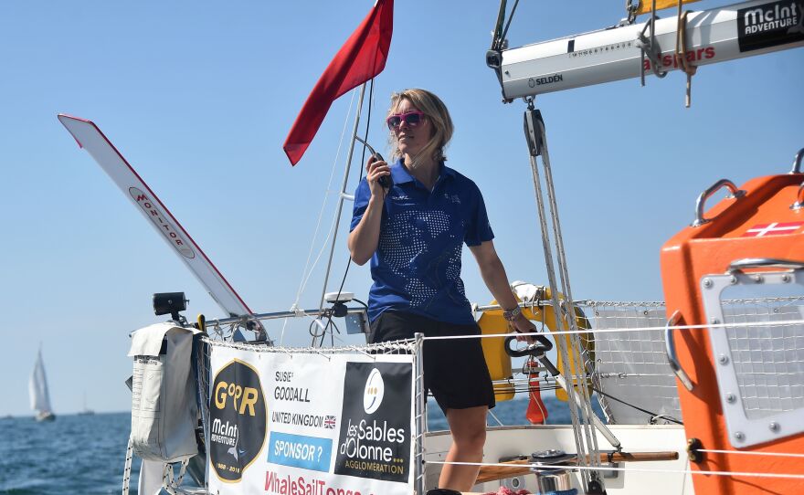 Susie Goodall on her boat DHL Starlight on July 1 at the start of the solo around-the-world Golden Globe Race.