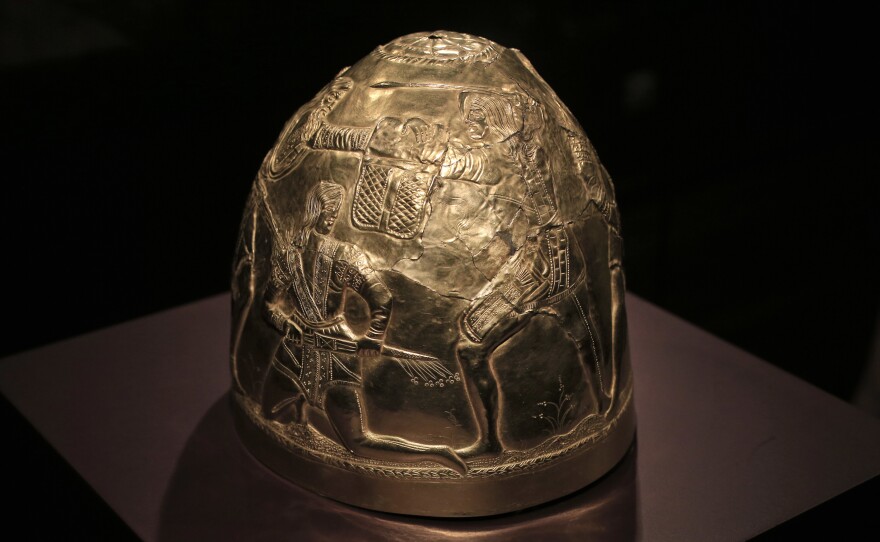 A Scythian gold helmet from the fourth century B.C., which is part of the collection that was in limbo after Russia annexed Crimea.