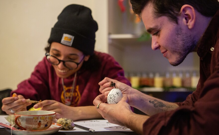 Workshop participants learn to create <em>pysanky</em>, or Ukrainian-style decorated eggs, at a workshop in Troy, N.Y. on Mar. 21.