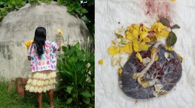 <strong>Left:</strong> Apolonia PlÃ¡cido picking up flowers. <strong>Right:</strong> Flowers offered to the placenta of a newborn who was just born in the CAMI.