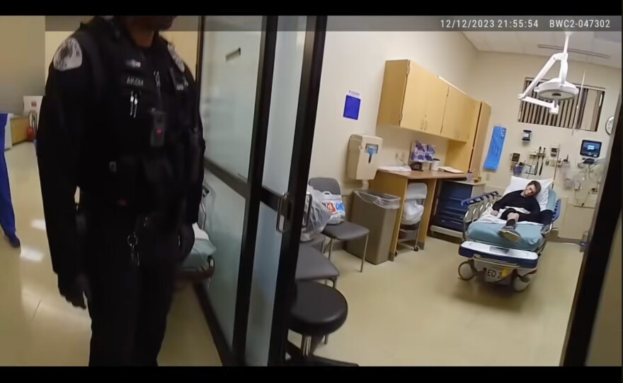 In bodycam footage released by the Milwaukie Police Department, 26-year-old Jean Descamps can be seen in a hospital bed at the Providence Milwaukie Hospital emergency room in Milwaukie, Ore., in December 2023. Soon after he was discharged by the hospital, Descamps died from drugs already in his system.