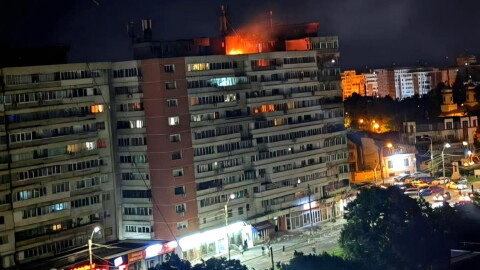 This photo released by Romania's Department for Emergency Situations shows a fire on top of a block of flats after a drone crash caused an explosion and fire on impact, in Galati, eastern Romania near the Ukrainian border, Friday May 29, 2026.