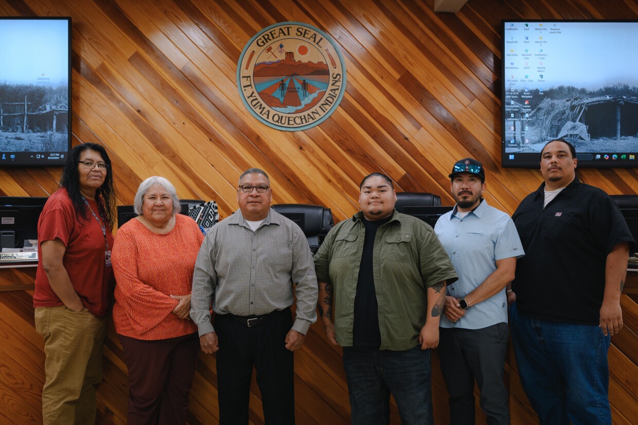 Fort Yuma Quechan President Jordan Joaquin, center left, stands with the other members of the Tribal council, from left to right, Virgil Smith, Gloria McGee, Zion White, Jonathan Koteen and Donald Medart Jr., at the Tribe’s administration building on the Quechan Reservation in Winterhaven, California on Sept. 23, 2024.