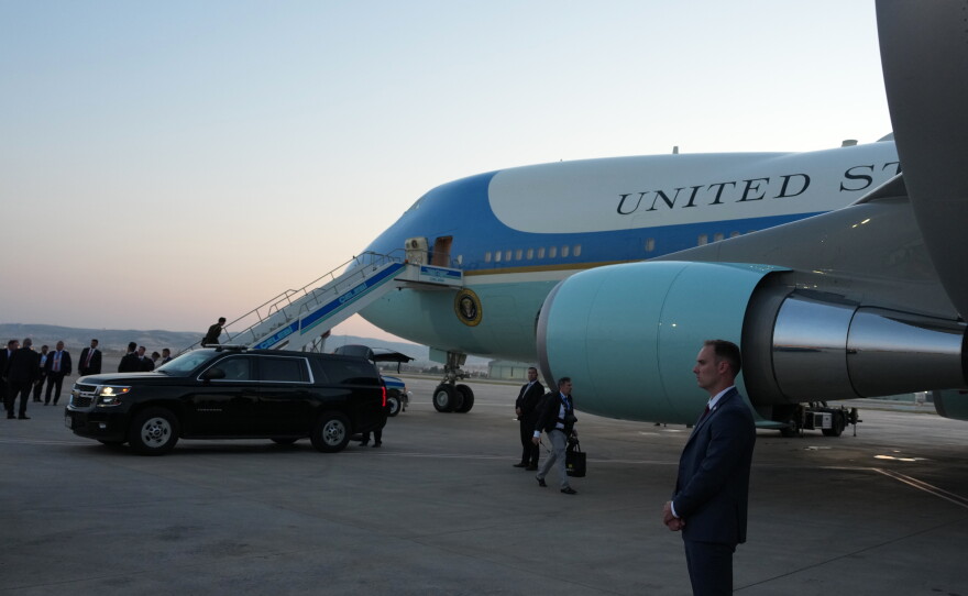 Airforce One sits on the tarmac before U.S. President Donald Trump departs following the NATO summit at Ankara International Airport in Ankara, Turkey, Wednesday, July 8, 2026.
