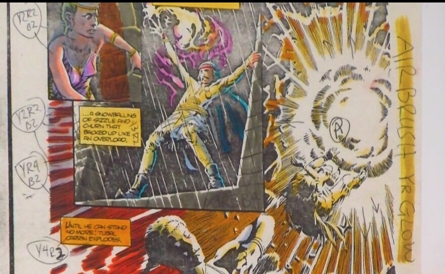 An example on display at Comic-Con Museum of a page colored by Steve Oliff. Oct. 3, 2023.