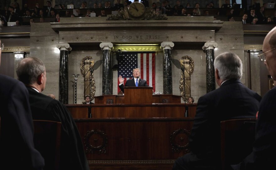 President Donald Trump delivers his first State of the Union address at the U.S. Capitol to a joint session of Congress Tuesday night in Washington, D.C.