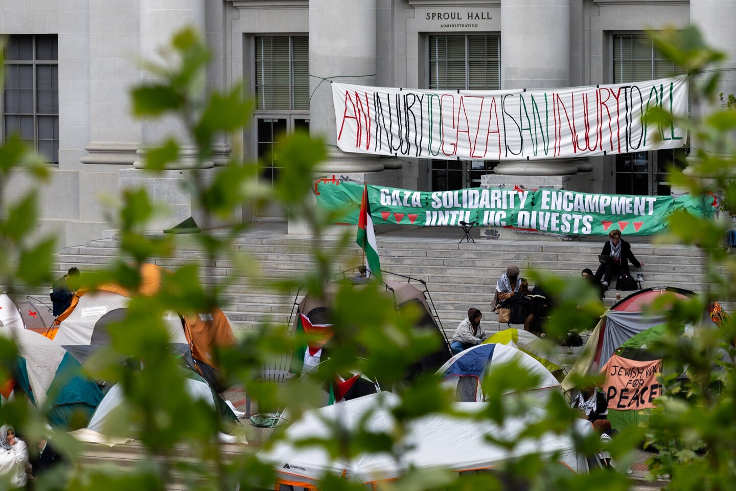 Students participate in the “Free Palestine Camp” protest outside of Sproul Hall at UC Berkeley on April 23, 2024.