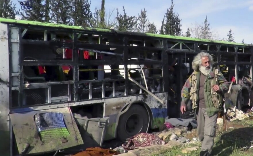 At least 112 were killed following a car bomb attack on buses carrying evacuees from government-held towns in Syria.