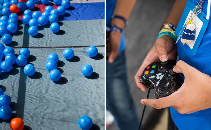 The competition theme was providing access to clean water. The robots had to gobble up and sort blue and orange plastic balls, representing clean water and contaminated water, respectively.