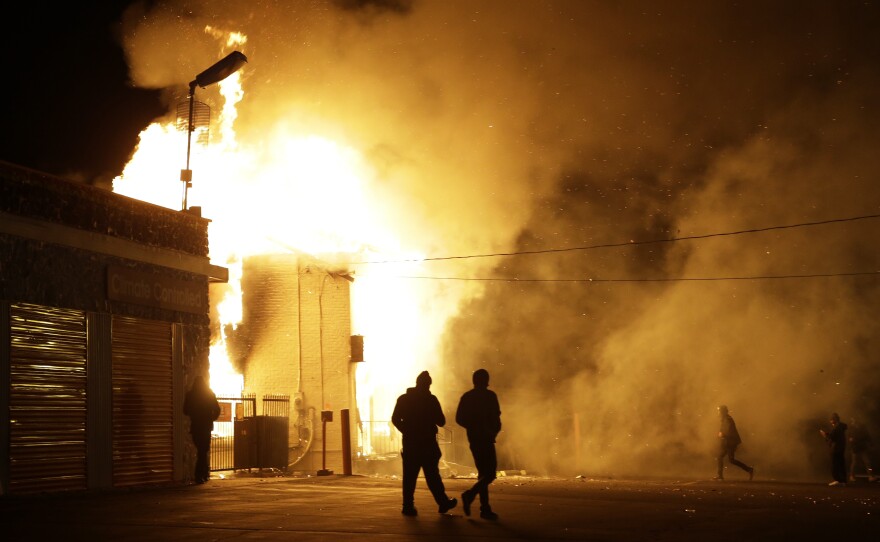 A storage facility in Ferguson, Mo., is on fire following the decision Monday by a grand jury not to charge officer Darren Wilson in the shooting death of 18-year-old Michael Brown. Demonstrators clashed with police and set buildings on fire. St. Louis County Police Chief John Belmar said the unrest was worse that which erupted after Brown was killed in August.