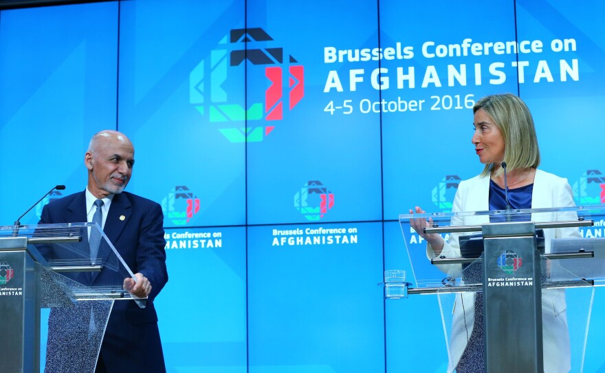 Afghan President Ashraf Ghani, left, and Federica Mogherini, high representative of the European Union at a press conference on Wednesday after a two-day conference on Afghanistan.