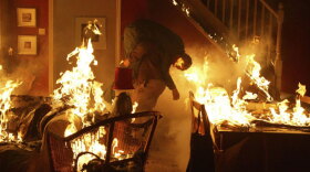 Pictured (l-r): DI Robert Lewis (Kevin Whately) rescues Hathaway (Laurence Fox) from a fire.