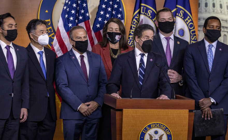 Rep. Jamie Raskin, D-Md., who's speaking and who's seen here alongside the other House impeachment managers on Saturday, says they have "no regrets" over their trial strategy.