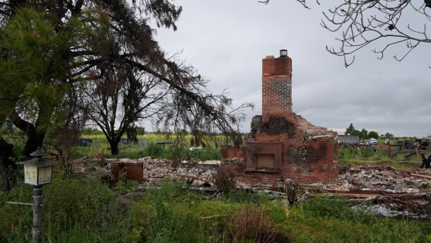 Property damage is shown at the location of a July 1, 2025, fireworks explosion in Esparto, Calif., Friday, April 10, 2026.
