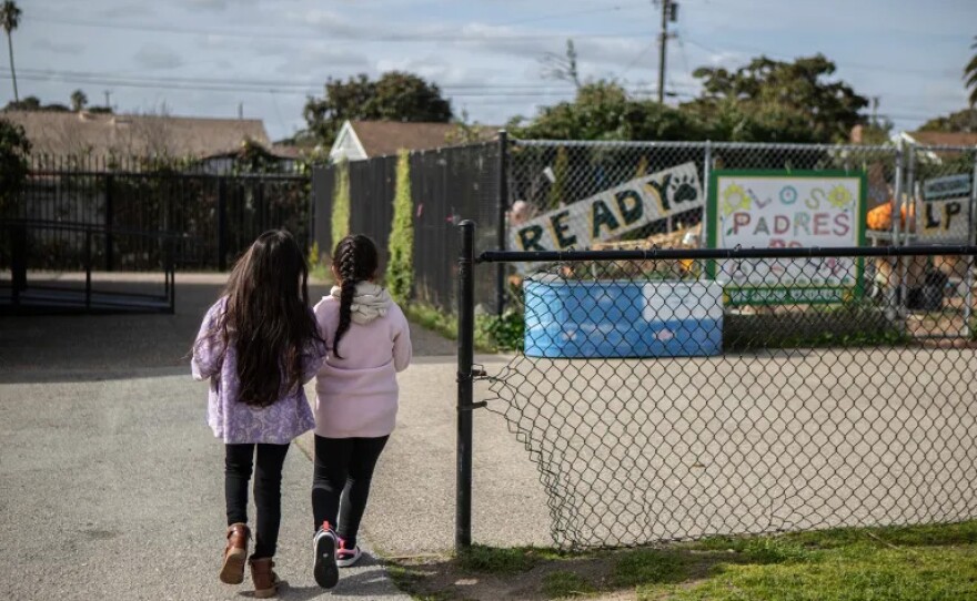 Two students walk to class at Los Padres Elementary School in Salinas on Feb. 11, 2025.