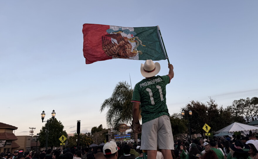 A soccer fan wearing a Mexican national team jersey waves the country's flag during a FIFA World Cup watch party in Chula Vista on June 19. 2026.