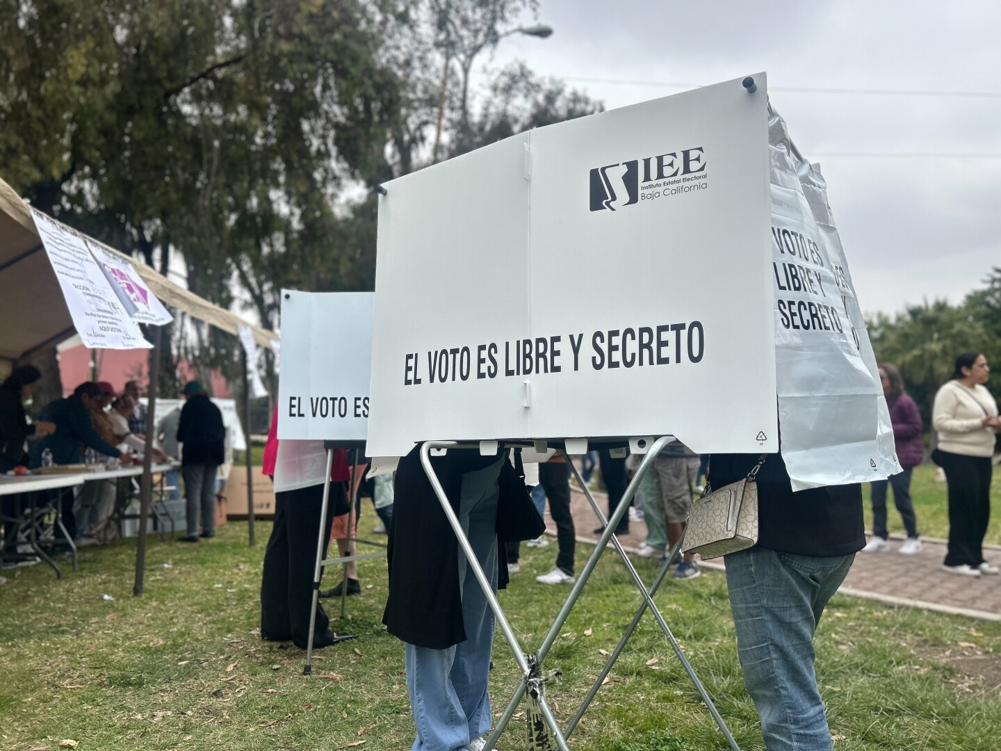 A voter finishes filling out their ballot in a voting booth that reads "El voto es libre y secreto" ("The vote is free and secret" in English) on June 2, 2024, at a vote center in Tijuana, Mexico.