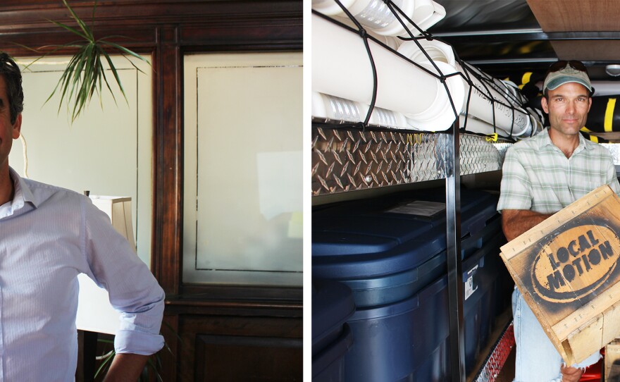 (Left) Mayor Miro Weinberger wants Burlington to be best biking city on the East Coast. (Right) Jason Van Driesche stands in Local Motion's trailer full of tactical urbanism supplies. Van Driesche believes DIY methods can spur permanent change.
