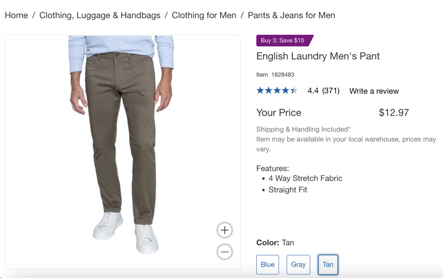 A screenshot showing the type of Costco pants Curtis Doll was allegedly wearing the day investigators searched his home. The pants were on the list of suspicious purchases.